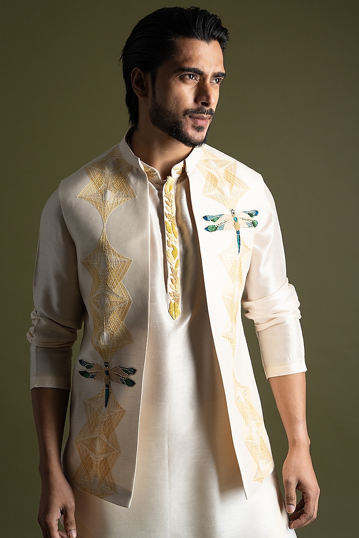 Cream Bemberg Silk Applique Motifs Embroidered Open Nehru Jacket by PAARSH