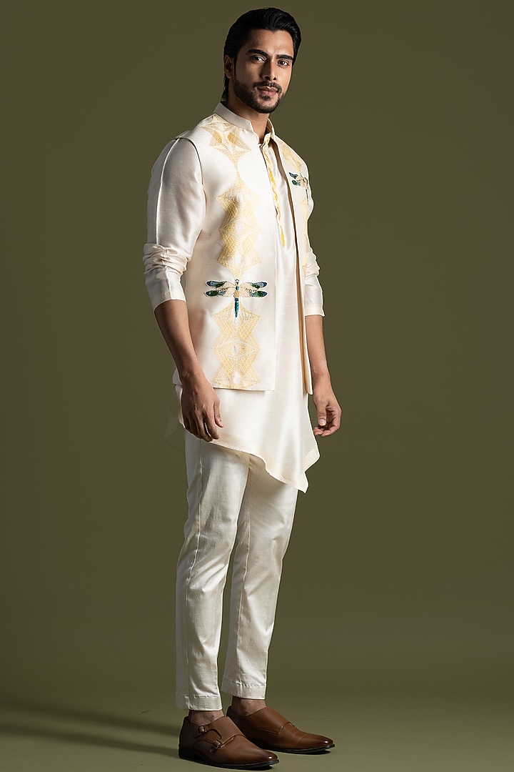 Cream Bemberg Silk Applique Motifs Embroidered Open Nehru Jacket by PAARSH at Pernia's Pop Up Shop