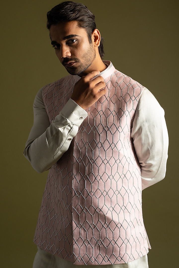 Dusty Pink Linen Satin Leather Embroidered Nehru Jacket by PAARSH