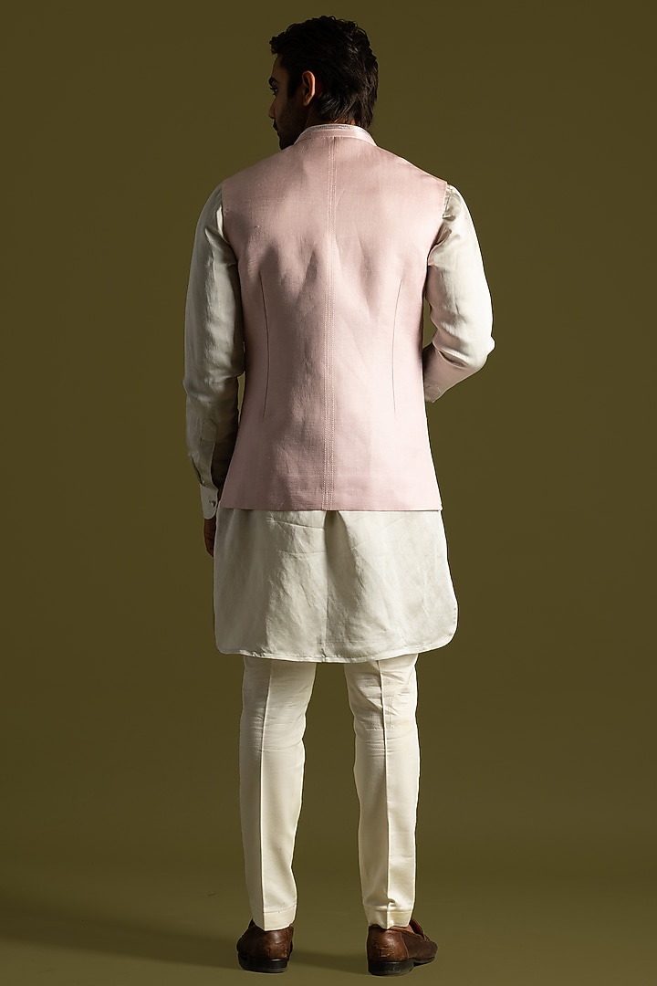 Dusty Pink Linen Satin Leather Embroidered Nehru Jacket by PAARSH at Pernia's Pop Up Shop