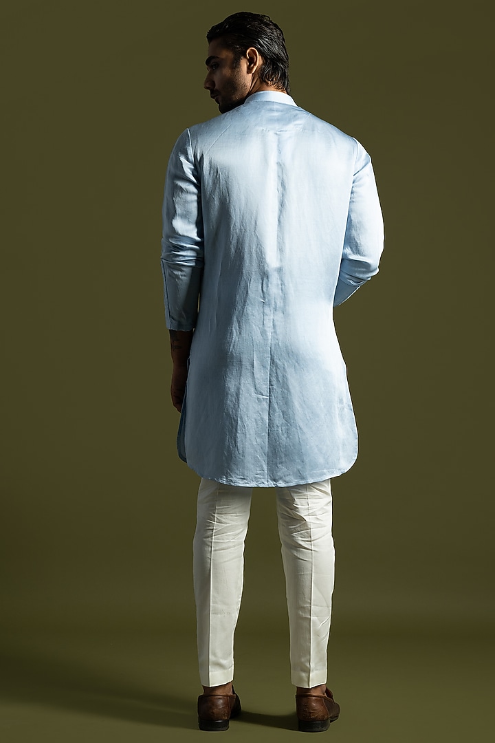Ice Blue Linen Satin Kurta Set by PAARSH at Pernia's Pop Up Shop