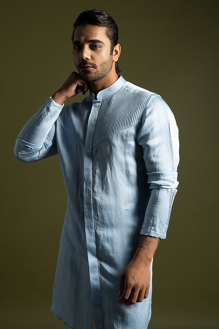 Ice Blue Linen Satin Kurta Set by PAARSH at Pernia's Pop Up Shop