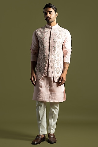 Pink Chanderi Silk Embellished Nehru Jacket Set by PAARSH