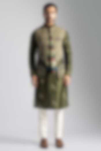 Olive Green Bemberg Silk Embroidered Nehru Jacket Set by PAARSH