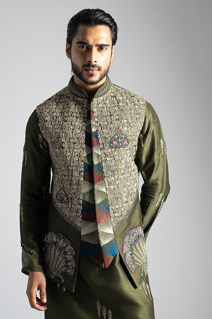 Olive Green Bemberg Silk Embroidered Nehru Jacket Set by PAARSH at Pernia's Pop Up Shop
