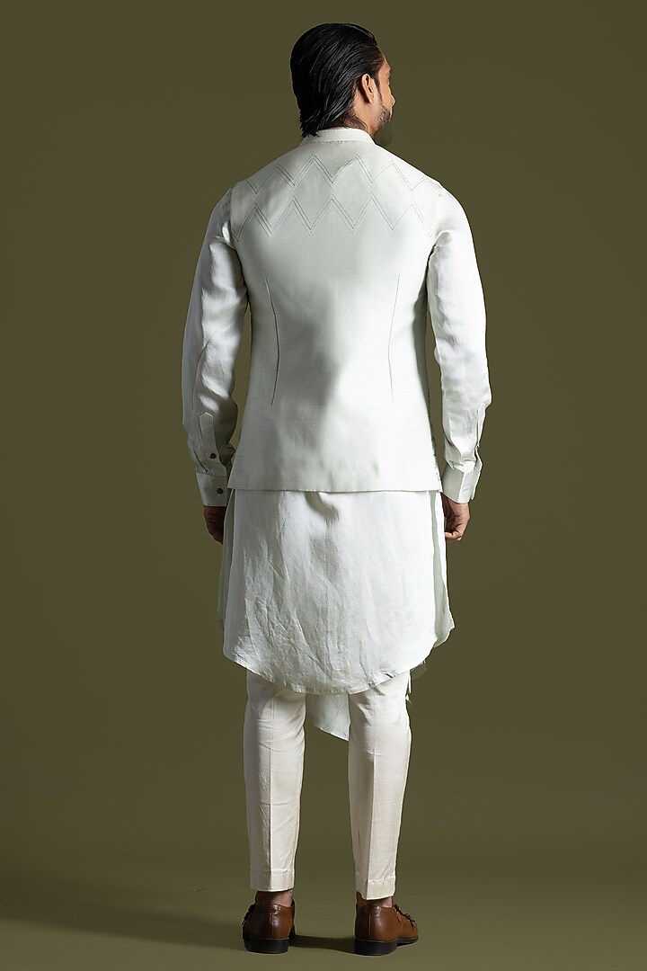 Ice Blue Bemberg Silk Motif Embroidered Nehru Jacket Set by PAARSH at Pernia's Pop Up Shop