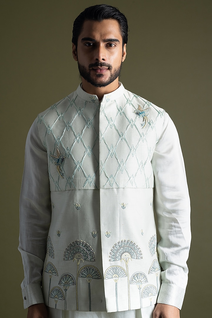 Ice Blue Bemberg Silk Motif Embroidered Nehru Jacket Set by PAARSH at Pernia's Pop Up Shop
