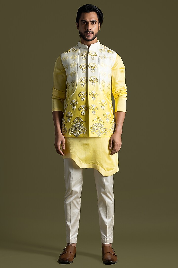 Yellow Ombre Bemberg Silk Thread Embroidered Nehru Jacket by PAARSH at Pernia's Pop Up Shop