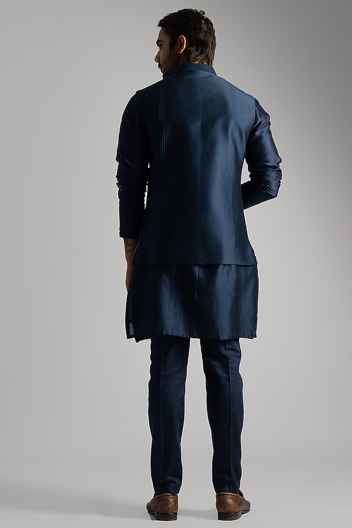 Royal Blue Chanderi Thread Work Nehru Jacket by PAARSH at Pernia's Pop Up Shop