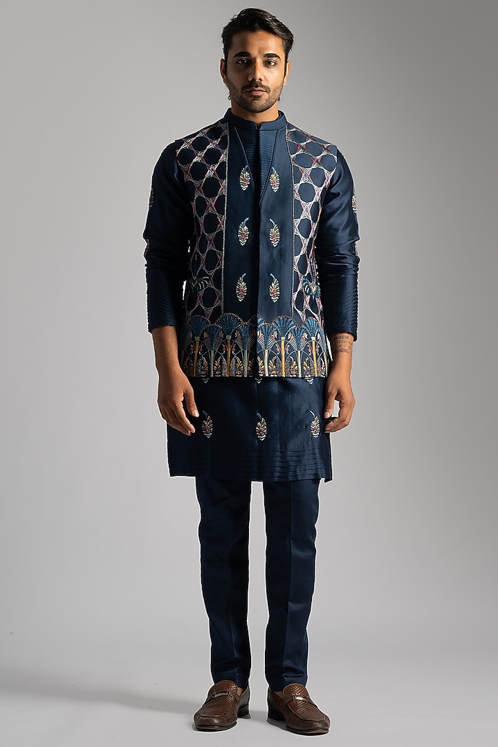 Royal Blue Chanderi Thread Work Nehru Jacket by PAARSH at Pernia's Pop Up Shop
