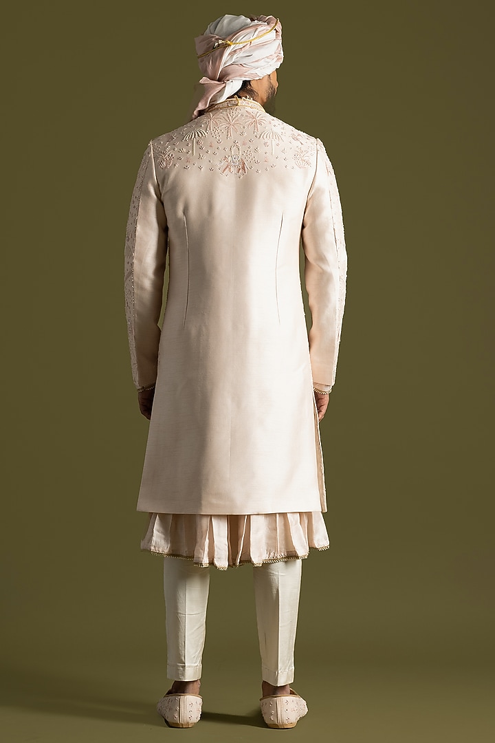 Powder Pink Bemberg Silk Embroidered Groom Sherwani Set by PAARSH at Pernia's Pop Up Shop