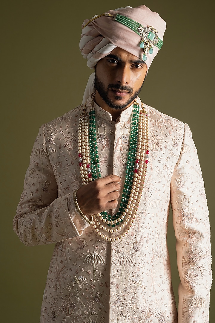 Powder Pink Bemberg Silk Embroidered Groom Sherwani Set by PAARSH at Pernia's Pop Up Shop