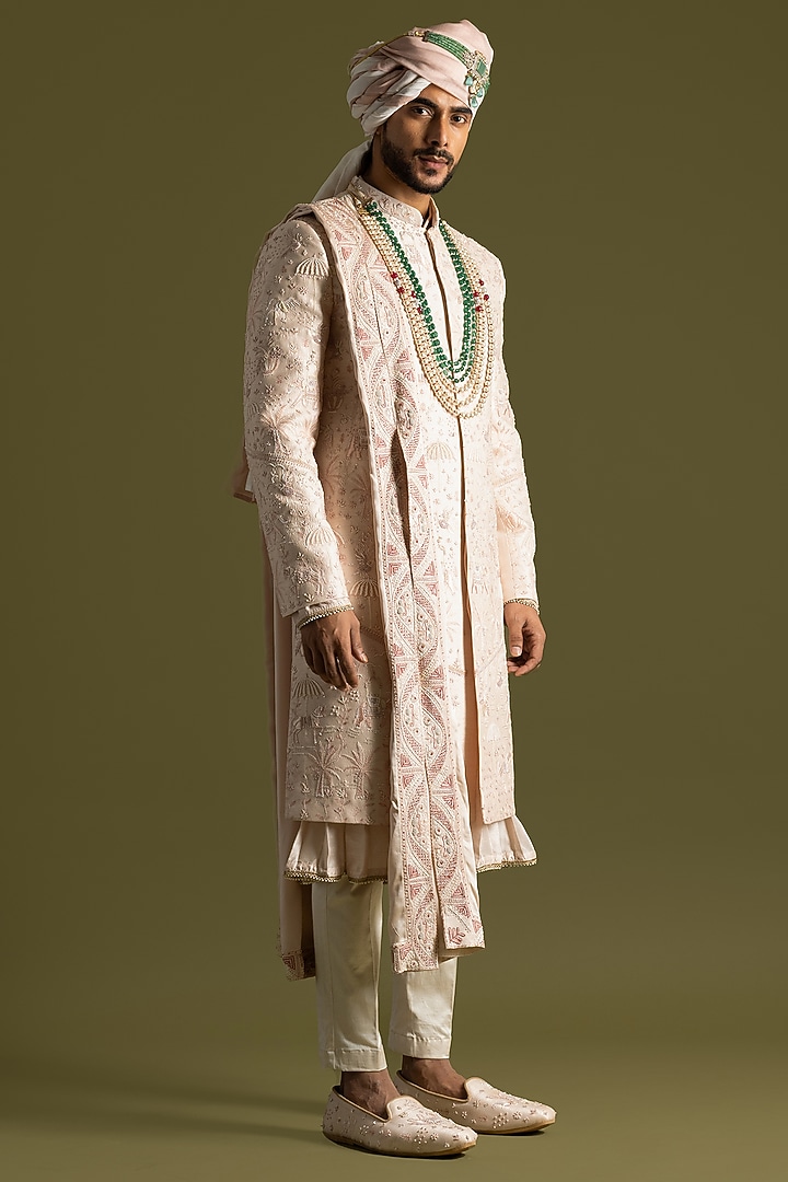 Powder Pink Bemberg Silk Embroidered Groom Sherwani Set by PAARSH at Pernia's Pop Up Shop