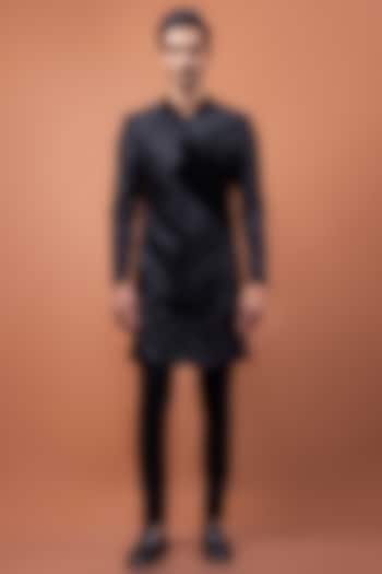 Black Linen Satin Hand Embroidered Wedding Indowestern Set by PAARSH at Pernia's Pop Up Shop