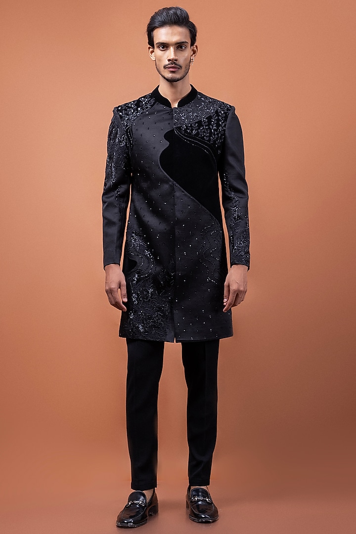 Black Linen Satin Hand Embroidered Wedding Indowestern Set by PAARSH at Pernia's Pop Up Shop