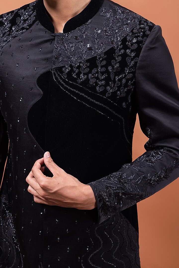 Black Linen Satin Hand Embroidered Wedding Indowestern Set by PAARSH at Pernia's Pop Up Shop