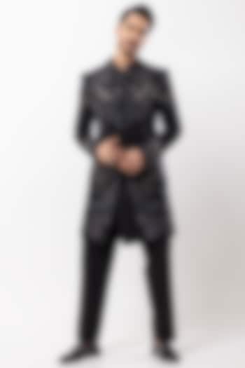 Black Bam Silk Hand Painted & Abstract Embroidered Wedding Indowestern Set by PAARSH at Pernia's Pop Up Shop