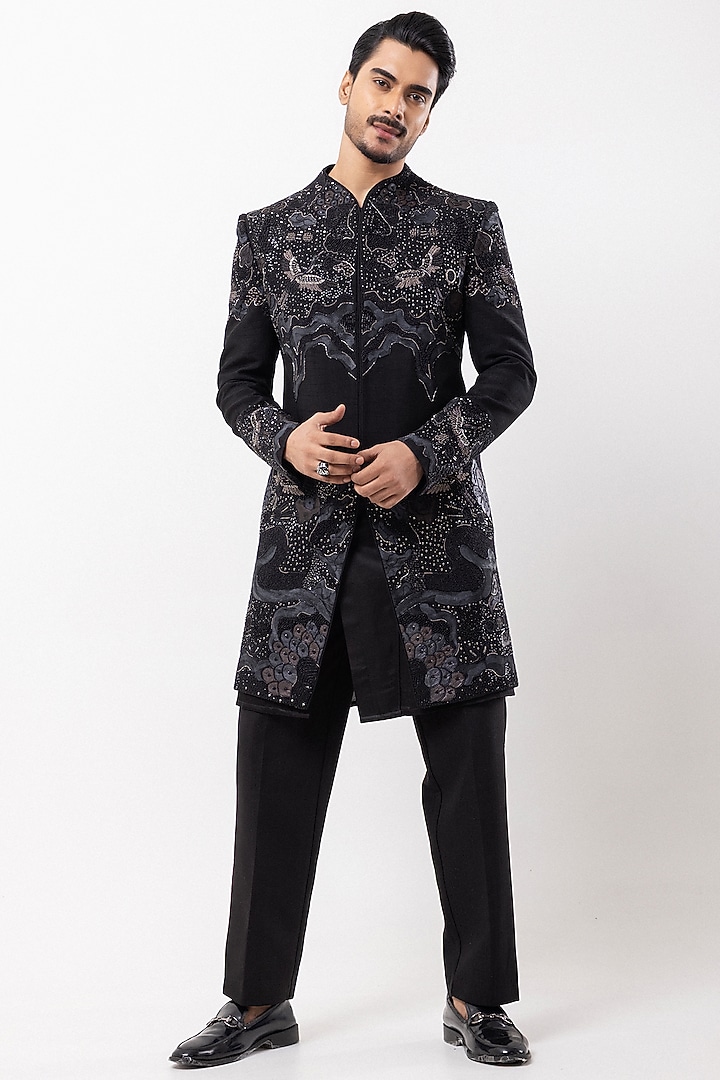 Black Bam Silk Hand Painted & Abstract Embroidered Wedding Indowestern Set by PAARSH at Pernia's Pop Up Shop