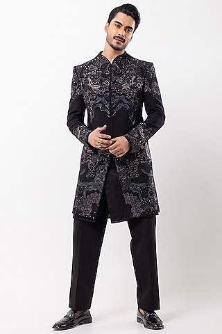 Black Bam Silk Hand Painted & Abstract Embroidered Indowestern Set by PAARSH