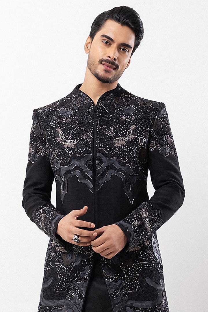 Black Bam Silk Hand Painted & Abstract Embroidered Wedding Indowestern Set by PAARSH at Pernia's Pop Up Shop
