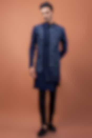 Navy Blue Linen Satin Bird Motif Embroidered Wedding Indowestern Set by PAARSH at Pernia's Pop Up Shop