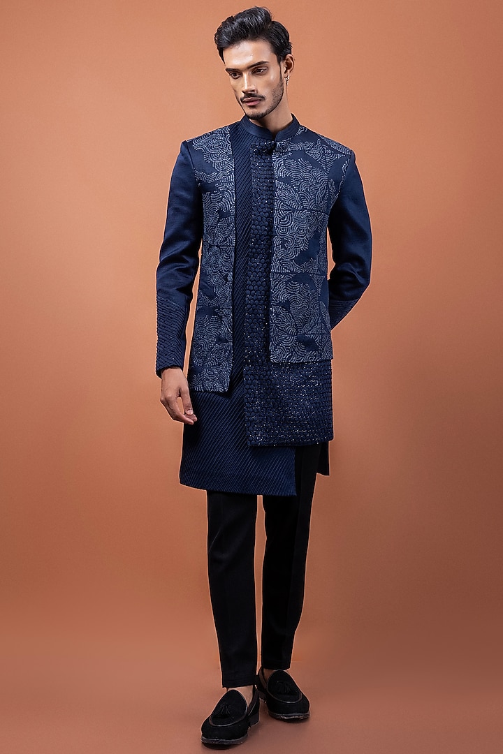Navy Blue Linen Satin Bird Motif Embroidered Wedding Indowestern Set by PAARSH at Pernia's Pop Up Shop