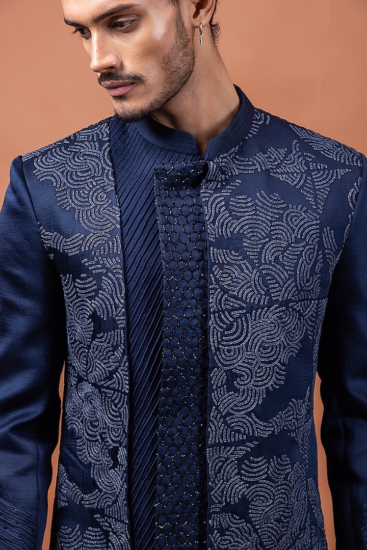 Navy Blue Linen Satin Bird Motif Embroidered Wedding Indowestern Set by PAARSH at Pernia's Pop Up Shop