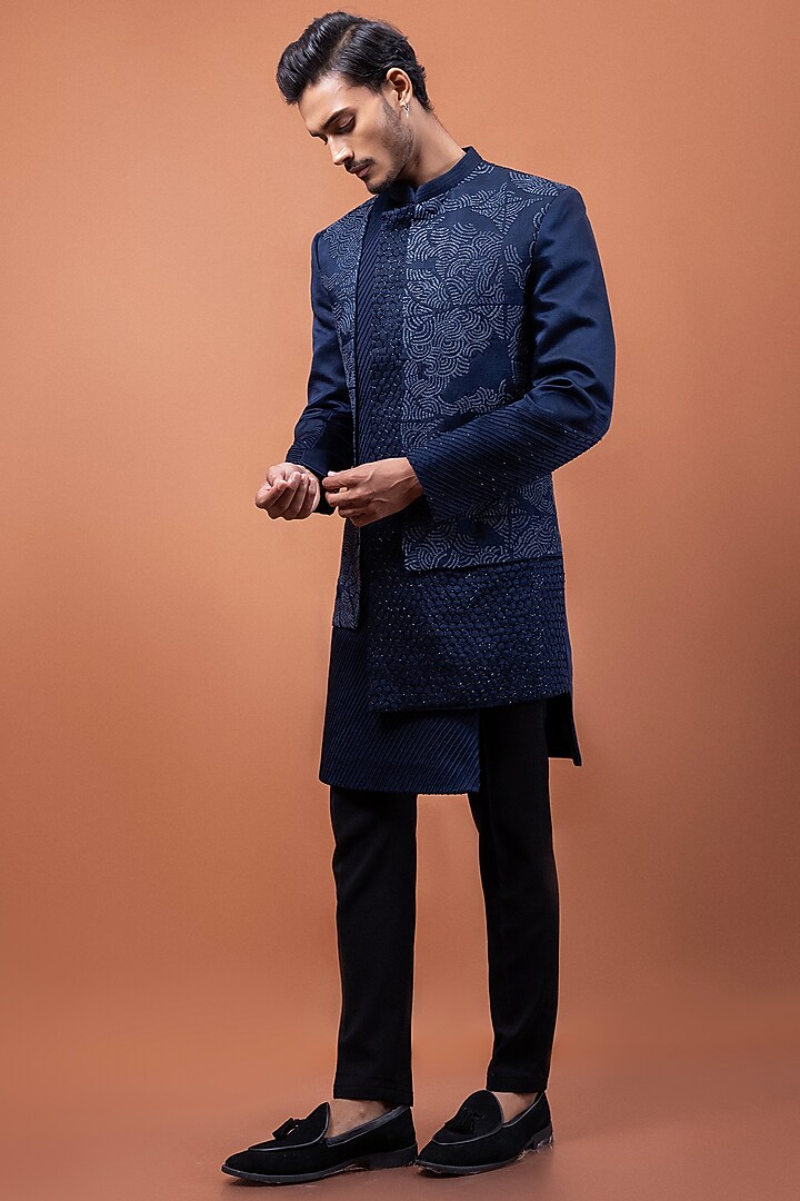 Navy Blue Linen Satin Bird Motif Embroidered Wedding Indowestern Set by PAARSH at Pernia's Pop Up Shop