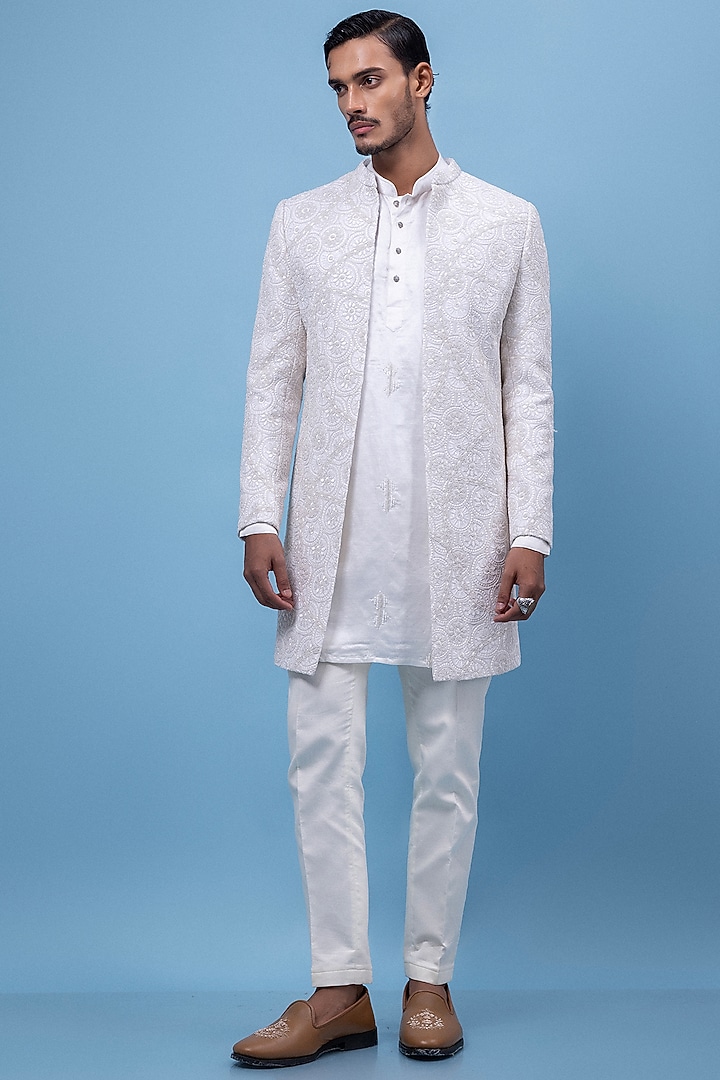 White Georgette Embroidered Wedding Indowestern Set by PAARSH at Pernia's Pop Up Shop