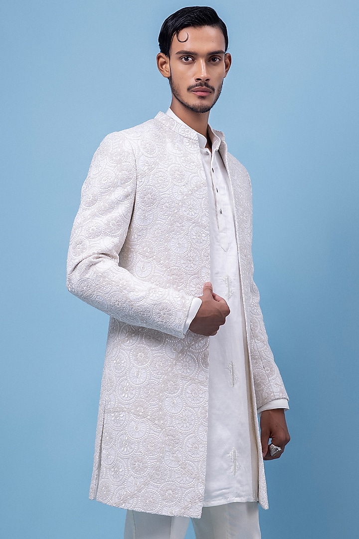 White Georgette Embroidered Wedding Indowestern Set by PAARSH at Pernia's Pop Up Shop