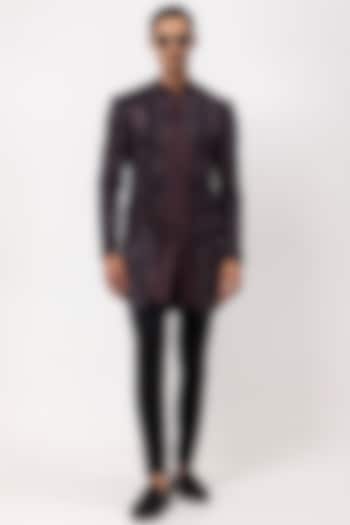 Plum Linen Satin Sequins Embroidered Wedding Indowestern Set by PAARSH at Pernia's Pop Up Shop