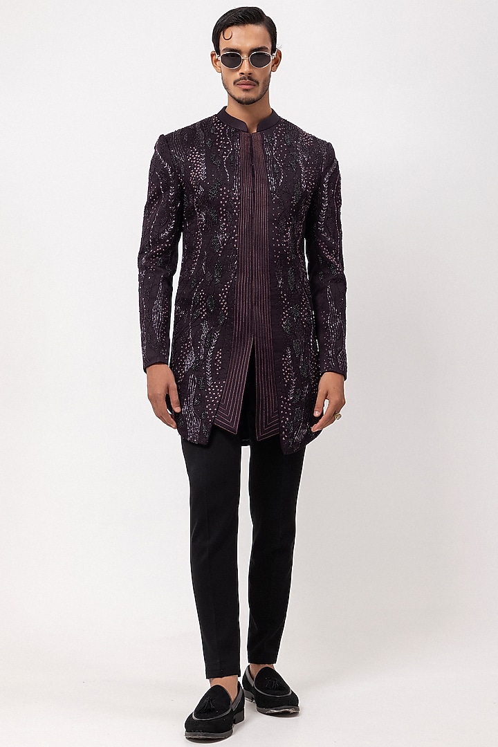 Plum Linen Satin Sequins Embroidered Wedding Indowestern Set by PAARSH at Pernia's Pop Up Shop