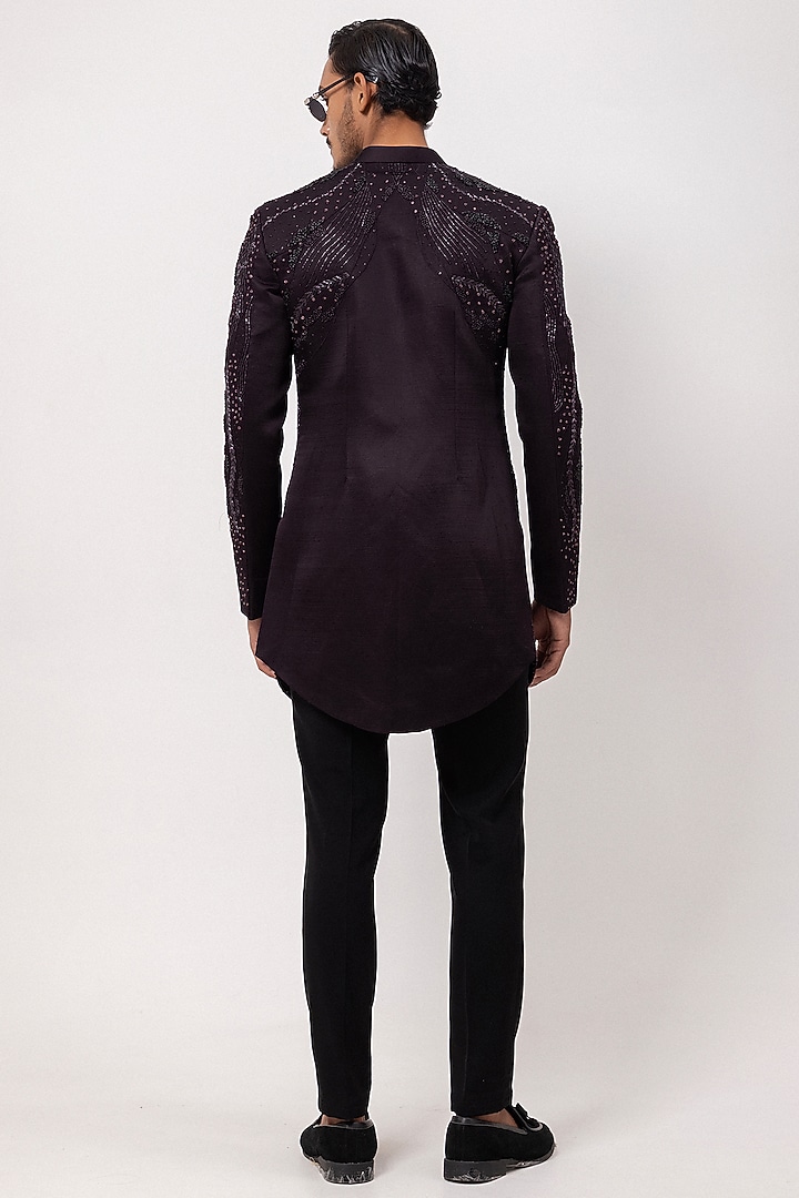 Plum Linen Satin Sequins Embroidered Wedding Indowestern Set by PAARSH at Pernia's Pop Up Shop