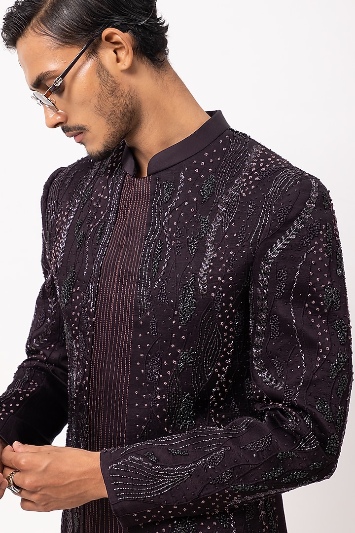 Plum Linen Satin Sequins Embroidered Wedding Indowestern Set by PAARSH at Pernia's Pop Up Shop