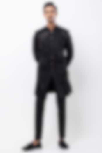 Black Linen Satin Sequins Embroidered Wedding Indowestern Set by PAARSH at Pernia's Pop Up Shop