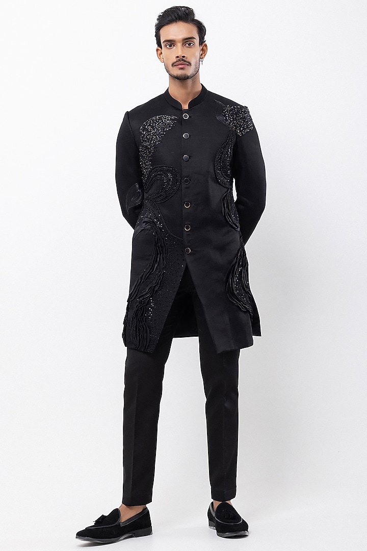 Black Linen Satin Sequins Embroidered Wedding Indowestern Set by PAARSH at Pernia's Pop Up Shop