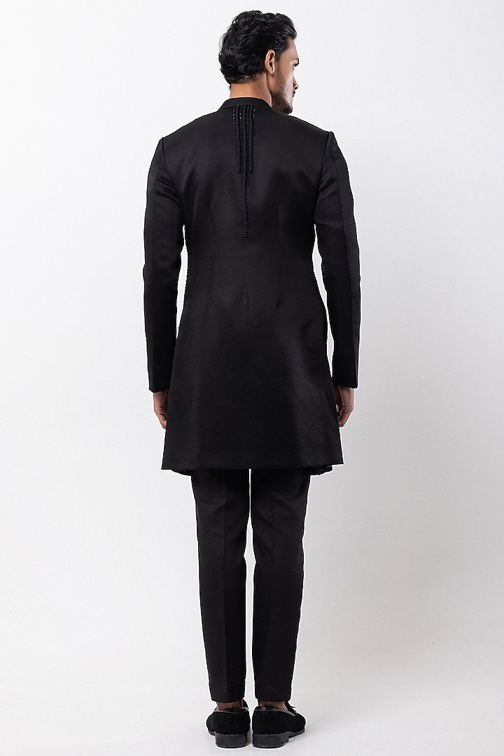 Black Linen Satin Sequins Embroidered Wedding Indowestern Set by PAARSH at Pernia's Pop Up Shop