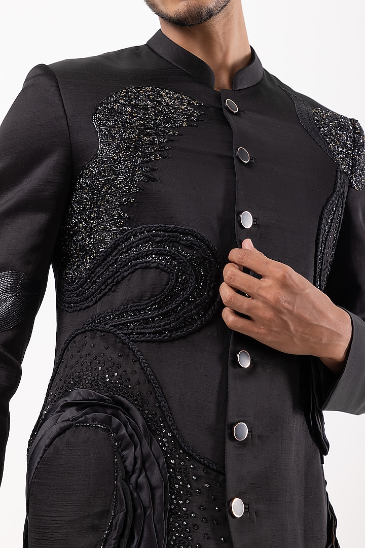 Black Linen Satin Sequins Embroidered Wedding Indowestern Set by PAARSH at Pernia's Pop Up Shop