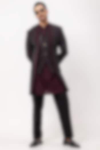 Wine Stretchable Sequins Embroidered Double-Panel Wedding Indowestern Set by PAARSH at Pernia's Pop Up Shop