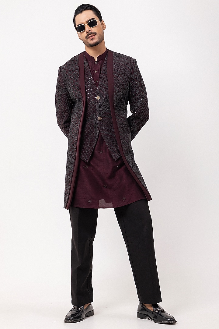 Wine Stretchable Sequins Embroidered Double-Panel Wedding Indowestern Set by PAARSH at Pernia's Pop Up Shop