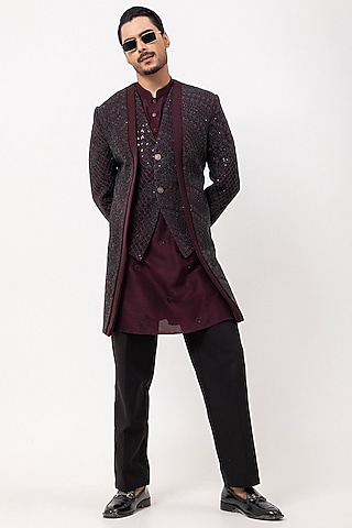 Wine Stretchable Sequins Embroidered Double-Panel Indowestern Set by PAARSH