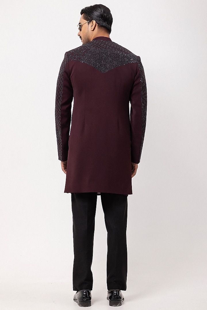 Wine Stretchable Sequins Embroidered Double-Panel Wedding Indowestern Set by PAARSH at Pernia's Pop Up Shop