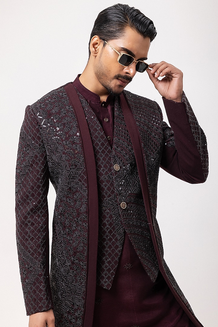 Wine Stretchable Sequins Embroidered Double-Panel Wedding Indowestern Set by PAARSH at Pernia's Pop Up Shop