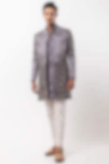 Grey Linen Satin Embroidered Wedding Indowestern Set by PAARSH at Pernia's Pop Up Shop