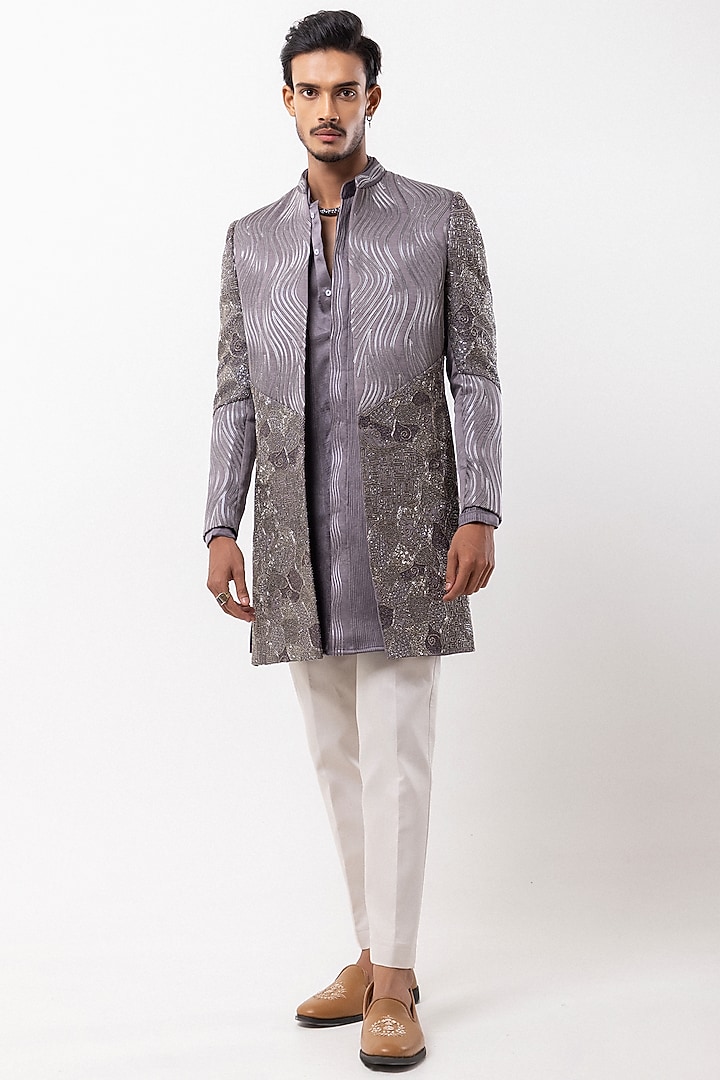 Grey Linen Satin Embroidered Wedding Indowestern Set by PAARSH at Pernia's Pop Up Shop