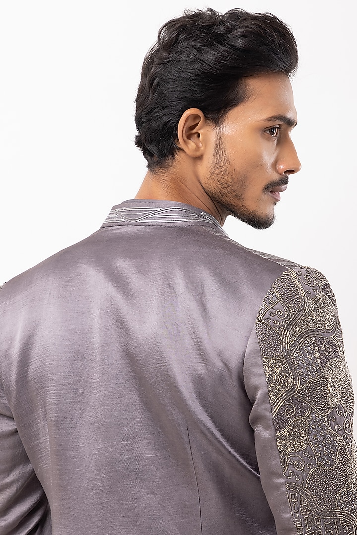 Grey Linen Satin Embroidered Wedding Indowestern Set by PAARSH at Pernia's Pop Up Shop