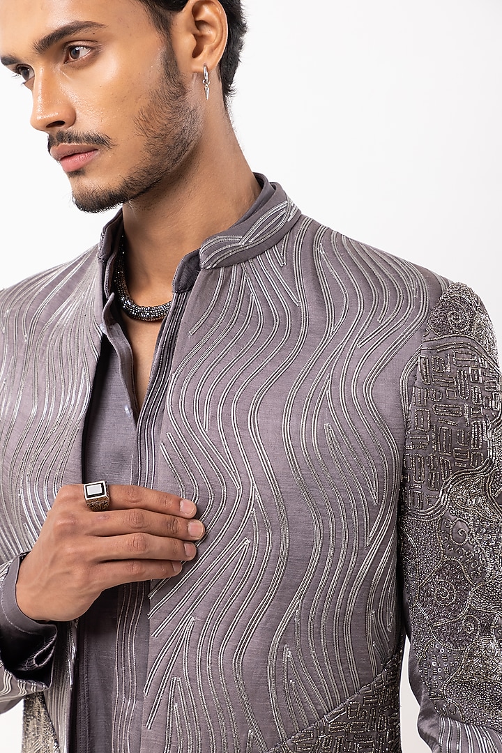 Grey Linen Satin Embroidered Wedding Indowestern Set by PAARSH at Pernia's Pop Up Shop