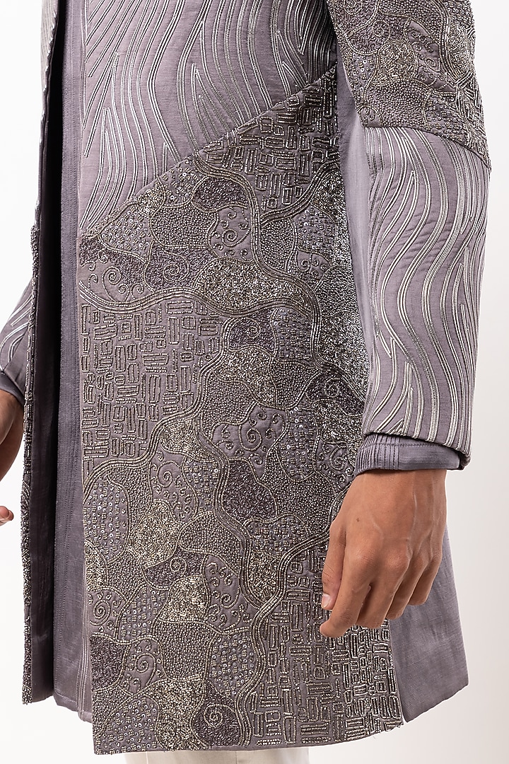Grey Linen Satin Embroidered Wedding Indowestern Set by PAARSH at Pernia's Pop Up Shop