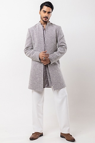 Ice Grey Stretchable Dori Embroidered Indowestern Set by PAARSH