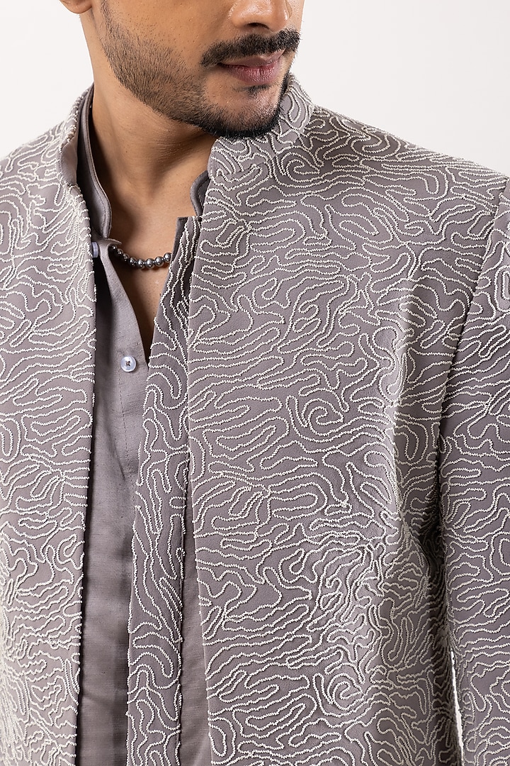 Ice Grey Stretchable Dori Embroidered Wedding Indowestern Set by PAARSH at Pernia's Pop Up Shop